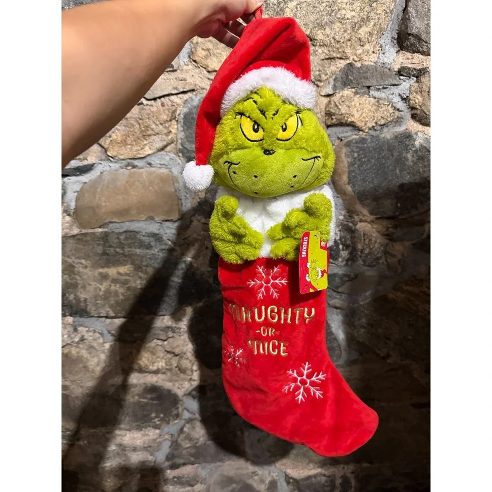 Dr. Seuss The Grinch Naughty or Nice Plush Christmas Stocking 3D Santa Hat NEW
